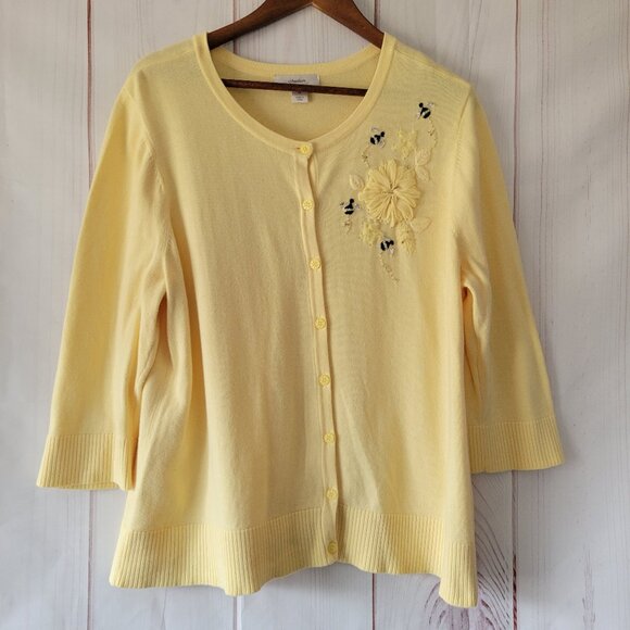 CJ Banks 100% Cotton Button Front Granny Cardigan Sweater, Floral Beaded Bee EUC - Picture 1 of 8